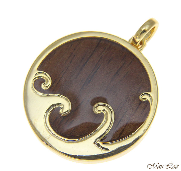 Koa Wood Hawaiian Scroll Ocean Surf Wave Yellow Gold Brass Reversible Pendant