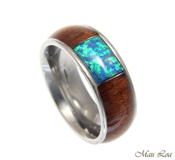 Stainless Steel Wedding Band 8mm Hawaiian Koa Wood Opal Comfort Fit Ring Sz 6-13