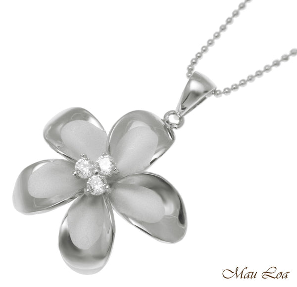 925 Sterling Silver Hawaiian Plumeria Flower 3 CZ Rhodium Pendant Charm 12-30mm
