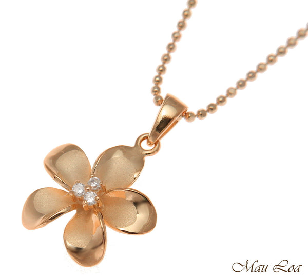 925 Sterling Silver Pink Rose Gold Hawaiian Plumeria Flower 3 CZ Pendant 12-30mm