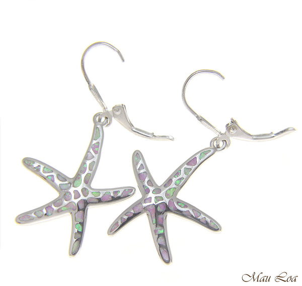 925 Silver Rhodium Hawaiian Starfish Sea Star Pink Opal Leverback Earrings