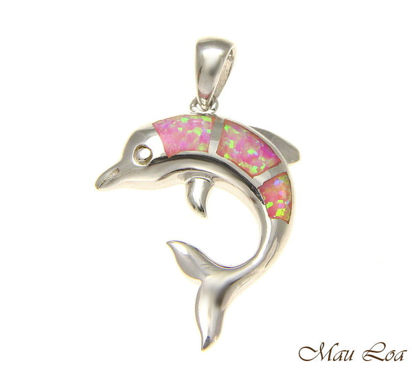 925 Sterling Silver Rhodium Hawaiian Dolphin Pink Opal Pendant Charm