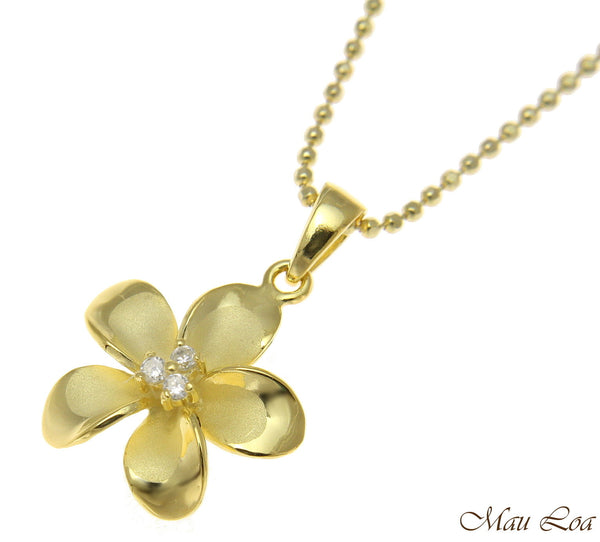 925 Sterling Silver Yellow Gold Hawaiian Plumeria Flower 3 CZ Pendant 12-30mm