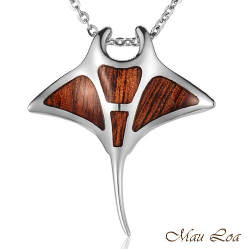 Koa Wood Hawaiian 925 Sterling Silver Rhodium Large Manta Ray Slider Pendant