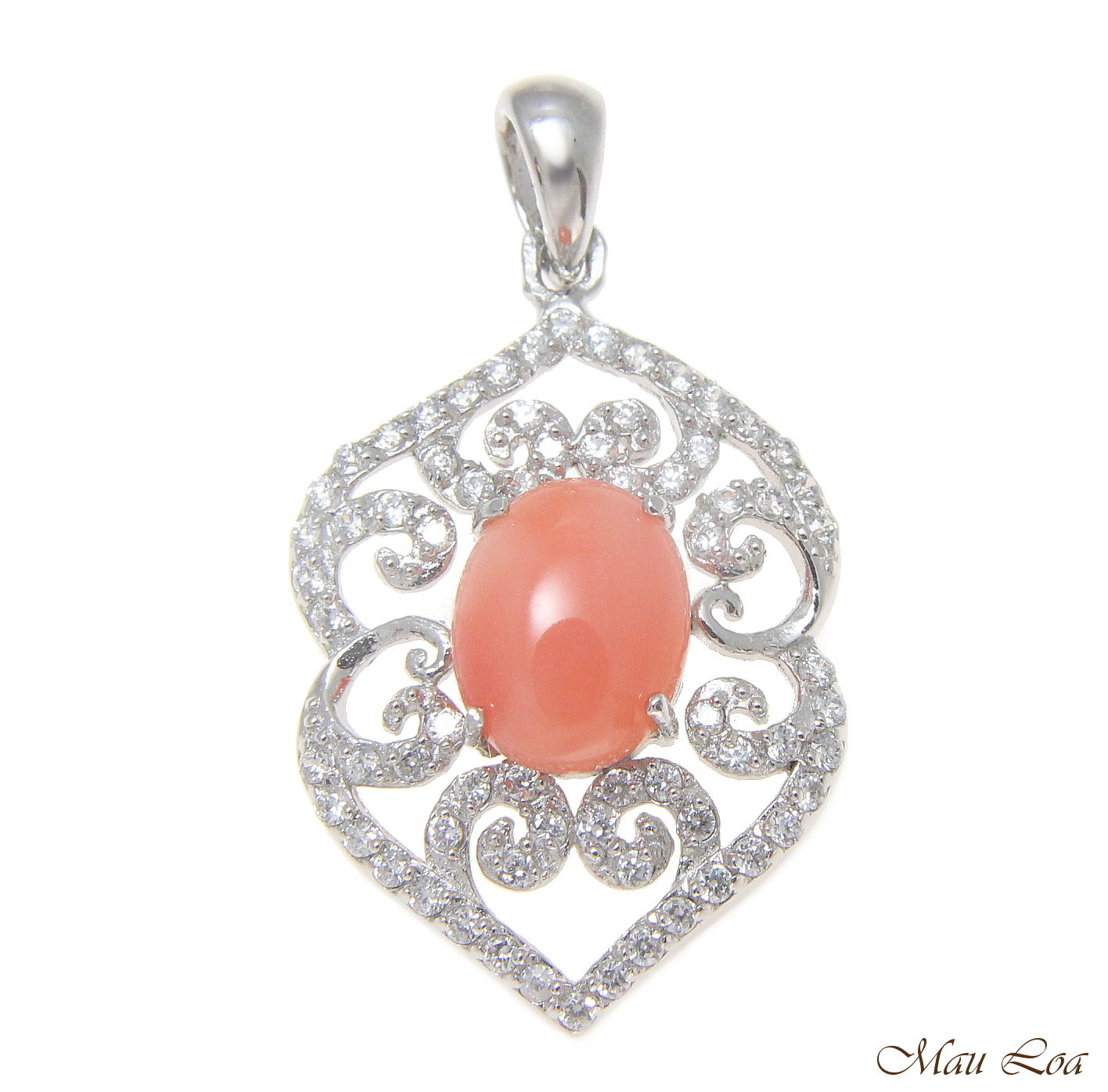 925 Sterling Silver Rhodium CZ Genuine Natural Oval 7x9mm Pink Coral Pendant