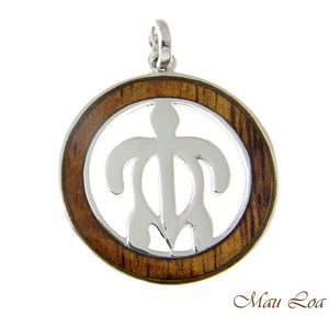 Koa Wood Hawaiian Circle Round Honu Sea Turlte Rhodium Brass Pendant Charm