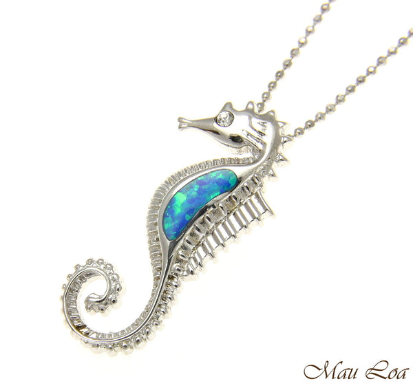 925 Sterling Silver Rhodium Hawaiian Seahorse Blue Opal CZ Slider Pendant