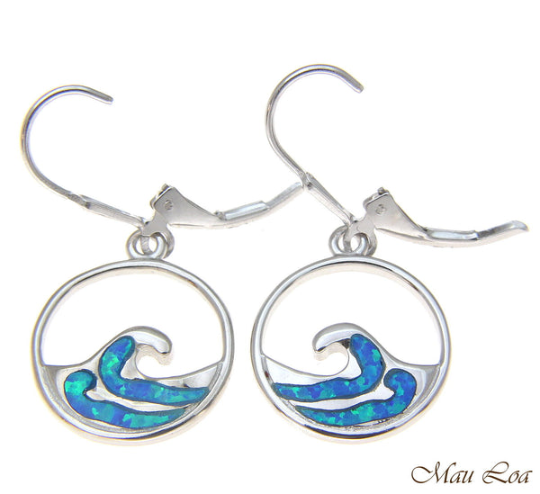 925 Sterling Silver Rhodium Hawaiian Ocean Wave Blue Opal Leverback Earrings
