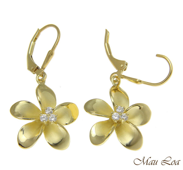 925 Sterling Silver Yellow Gold Hawaiian Plumeria Flower 3 CZ Leverback Earrings