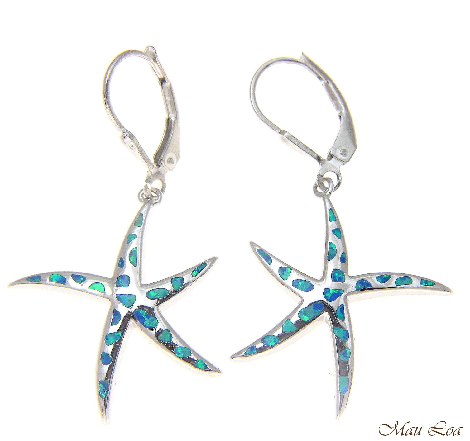 925 Silver Rhodium Hawaiian Starfish Sea Star Blue Opal Leverback Earrings