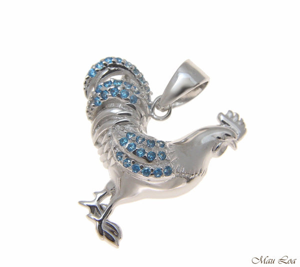 925 Sterling Silver Genuine Blue Topaz Hawaiian Rooster Cock Pendant