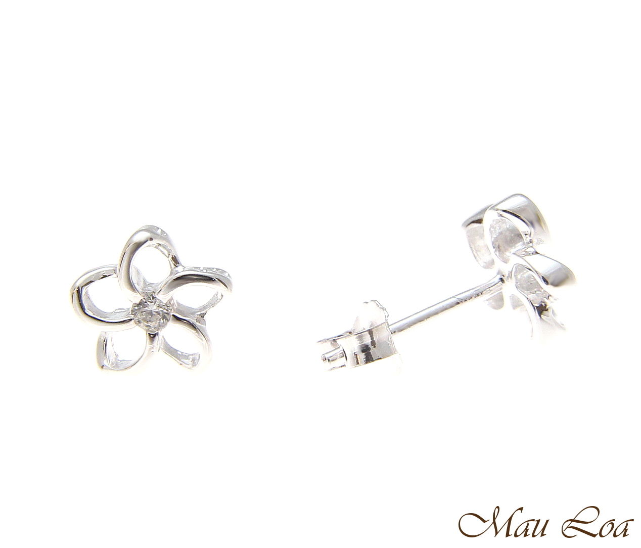 925 Silver Hawaiian Floating Outline Plumeria Flower Post Earrings CZ 8-18mm