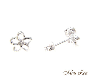 925 Silver Hawaiian Floating Outline Plumeria Flower Post Earrings CZ 8-18mm