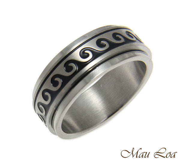 Stainless Steel Spinner Ring Band 8mm Black Enamel Hawaiian Ocean Wave Size6-14