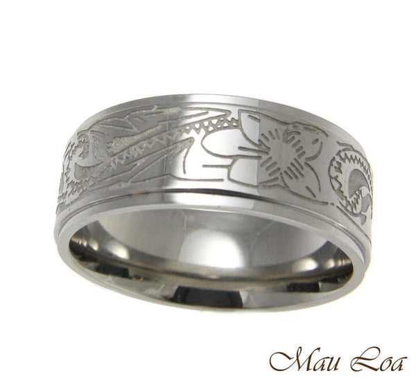 Stainless Steel Ring Band Unisex 8mm Hawaiian Plumeria Scroll Design Size 5-13
