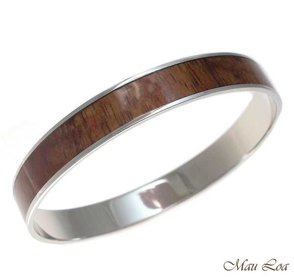 10mm Hawaiian Koa Wood Rhodium Plated on Brass Bangle Bracelet Size 7 - 9