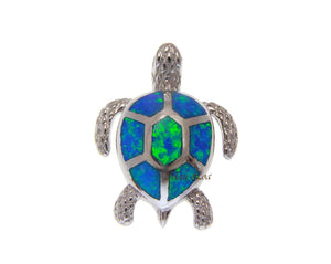 925 Sterling Silver Hawaiian Honu Sea Turtle Blue Opal Slider Pendant