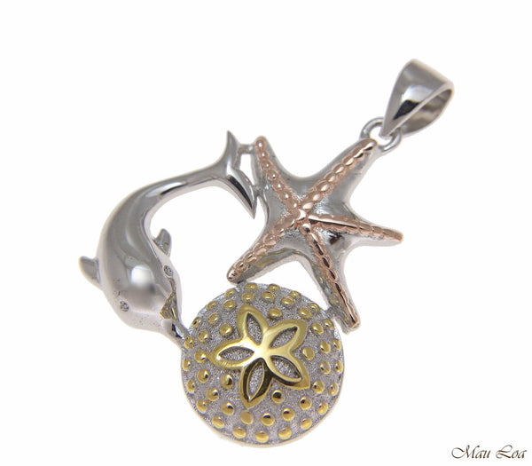 925 Silver Tricolor Hawaiian Sealife Dolphin Sand Dollar Starfish Pendant