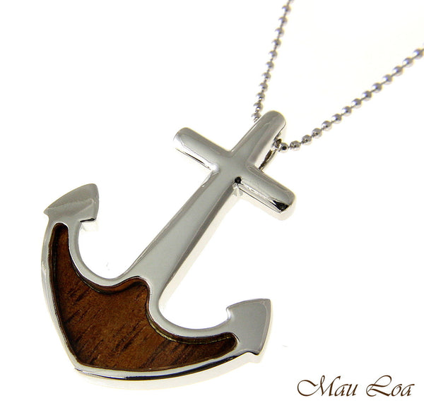 Koa Wood Hawaiian Boat Anchor Rhodium Silver Plated Brass Slide Pendant
