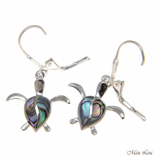 925 Sterling Silver Hawaiian Honu Turtle Abalone Shell Paua Leverback Earrings