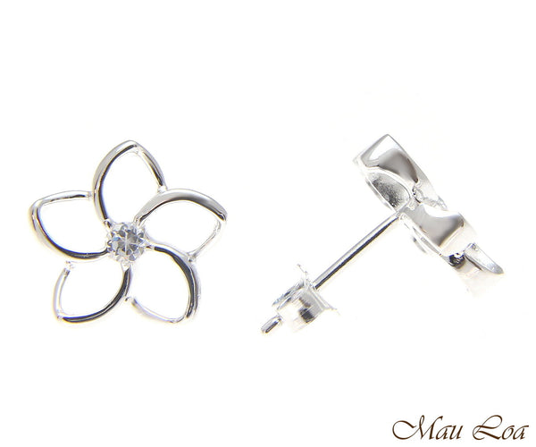 925 Silver Hawaiian Floating Outline Plumeria Flower Post Earrings CZ 8-18mm