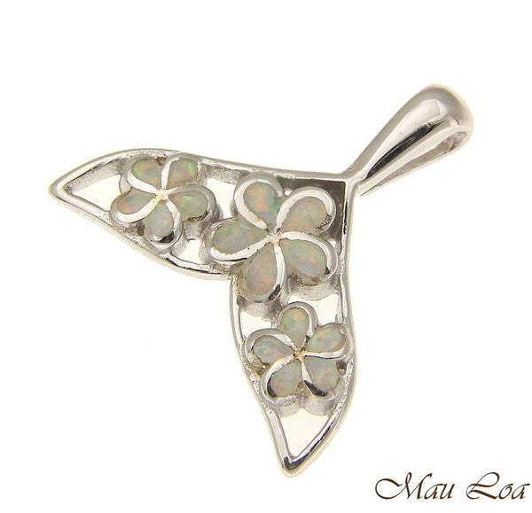 925 Silver Rhodium Hawaiian White Opal Plumeria Flower Whale Tail Slider Pendant