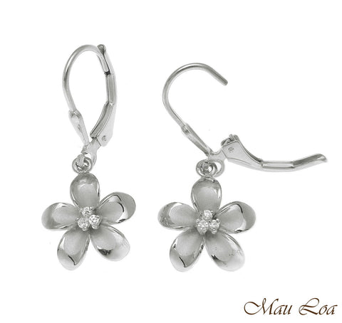 925 Sterling Silver Rhodium Hawaiian Plumeria Flower 3 CZ Leverback Earrings