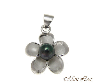 925 Silver Hawaiian Plumeria Flower Fresh Water Pearl Rhodium Pendant 12-32mm