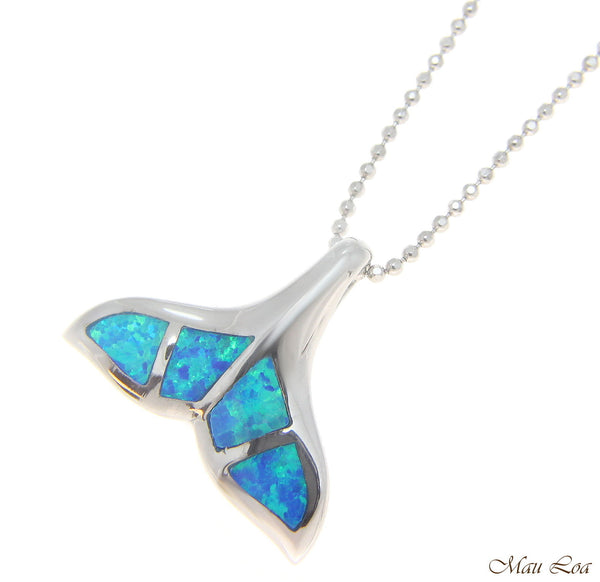 925 Sterling Silver Rhodium Hawaiian Blue Opal Whale Tail Slider Pendant