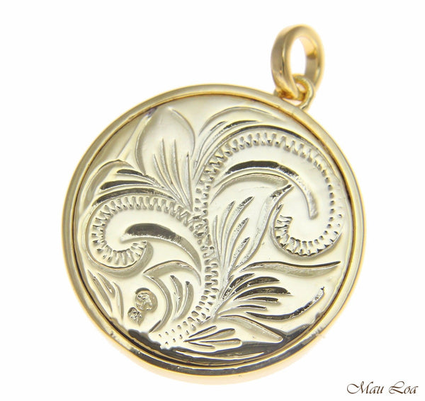 Koa Wood Hawaiian Scroll Ocean Surf Wave Yellow Gold Brass Reversible Pendant