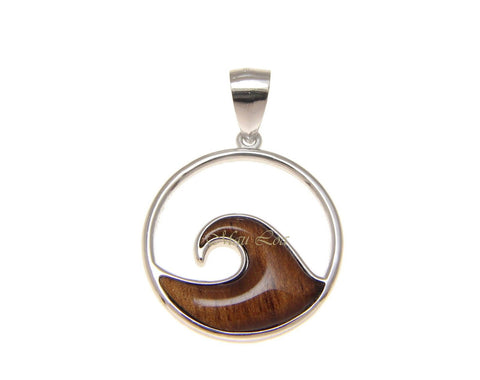 925 Sterling Silver Hawaiian Koa Wood 23.5mm Ocean Wave Pendant