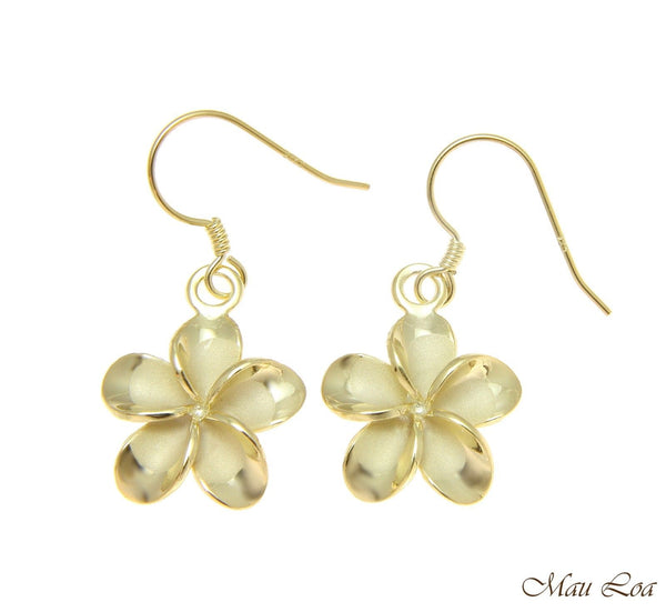 925 Silver Yellow Gold Hawaiian Plumeria Flower No CZ Stone Wire Hook Earrings