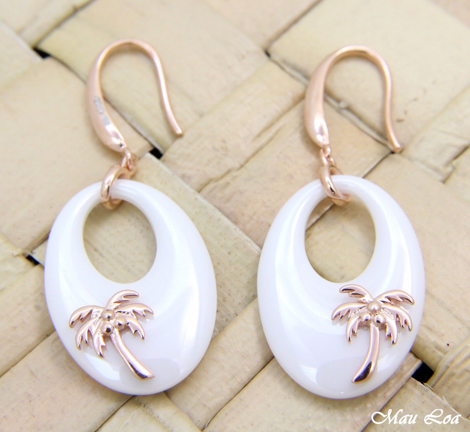 925 Silver Pink Rose Gold Hawaiian Palm Tree White Ceramic Oval Hook Earrings