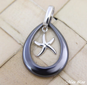 925 Silver Rhodium Hawaiian Starfish Sea Star Black Ceramic Tear Drop Pendant