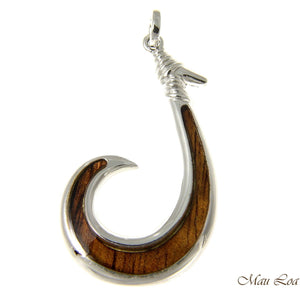 Koa Wood Hawaiian Wave Fish Hook Rhodium Silver Plated Brass Reversible Pendant