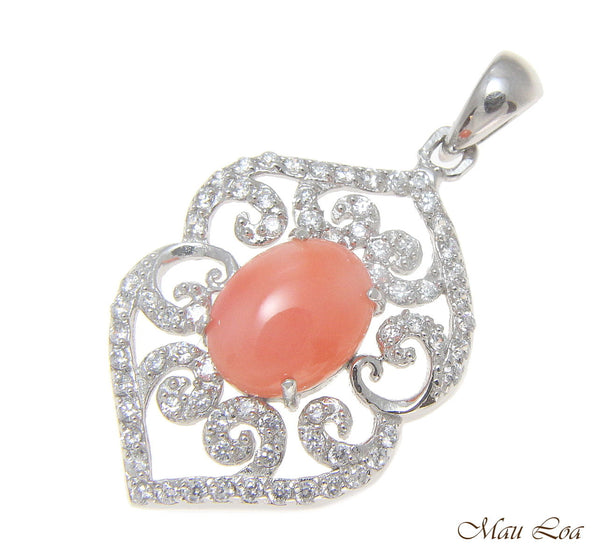 925 Sterling Silver Rhodium CZ Genuine Natural Oval 7x9mm Pink Coral Pendant