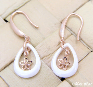 925 Silver Pink Gold Hawaiian Plumeria Flower White Ceramic Tear Drop Earrings