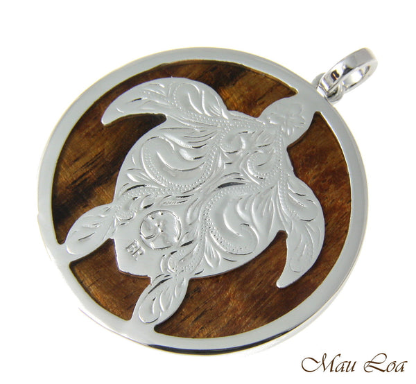 Koa Wood Hawaiian Scroll Circle Honu Turtle Rhodium Silver Plated Brass Pendant