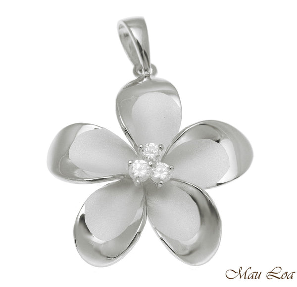 925 Sterling Silver Hawaiian Plumeria Flower 3 CZ Rhodium Pendant Charm 12-30mm