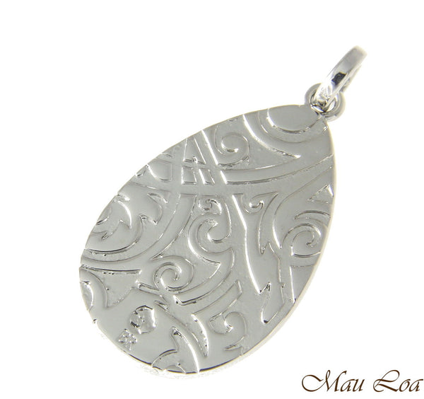 Koa Wood Hawaiian Tribal Teardrop Rhodium Silver Plated Brass Reversible Pendant