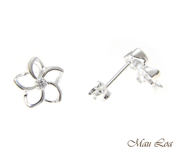 925 Silver Hawaiian Floating Outline Plumeria Flower Post Earrings CZ 8-18mm