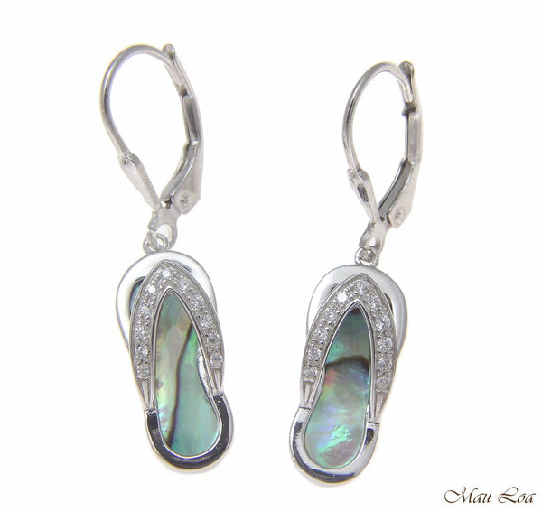 925 Sterling Silver Hawaiian CZ Slipper Abalone Shell Paua Leverback Earrings