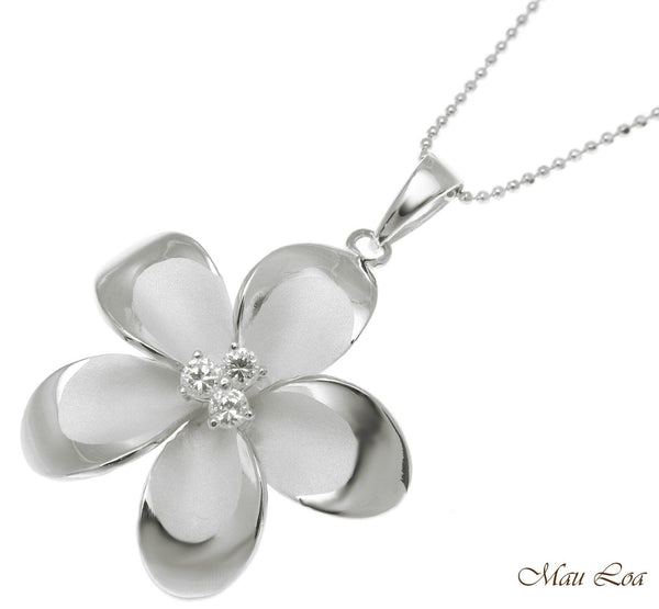 925 Sterling Silver Hawaiian Plumeria Flower 3 CZ Rhodium Pendant Charm 12-30mm