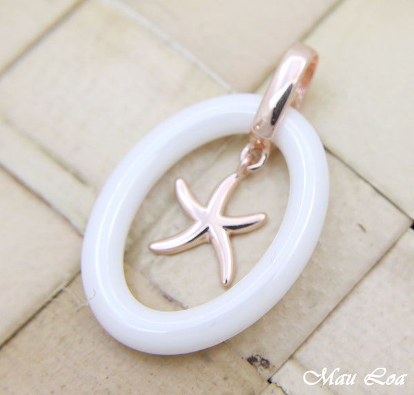 925 Silver Pink Rose Gold Hawaiian Starfish Sea Star White Ceramic Oval Pendant