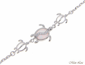 925 Silver Rhodium Hawaiian Honu Turtle CZ White Opal Link Chain Anklet 9.5"+
