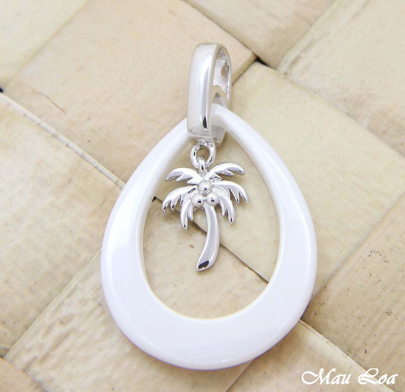 925 Silver Rhodium Hawaiian Coconut Palm Tree White Ceramic Tear Drop Pendant