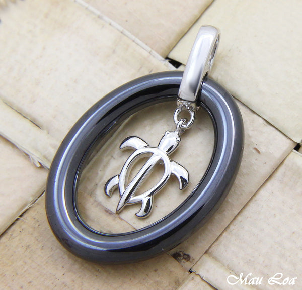 925 Sterling Silver Rhodium Hawaiian Honu Sea Turtle Black Ceramic Oval Pendant