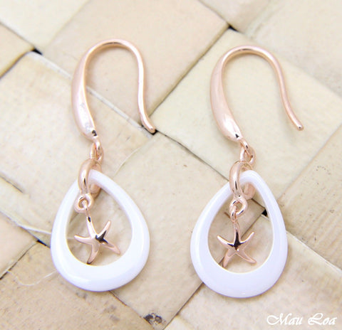925 Silver Pink Gold Hawaiian Starfish Sea Star White Ceramic Tear Drop Earrings