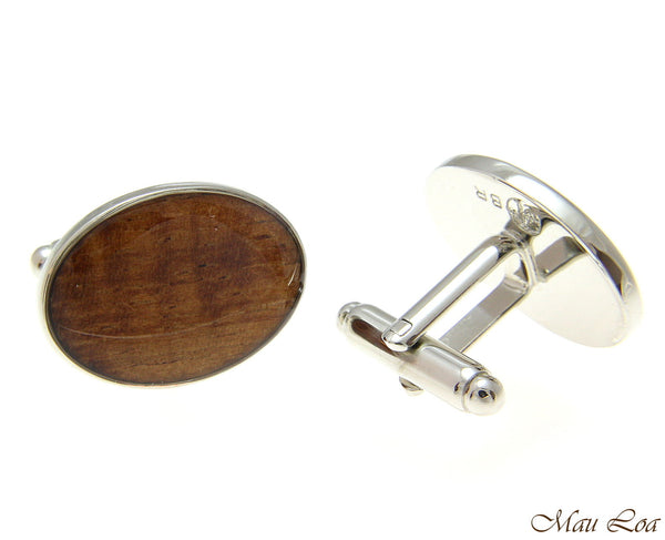 Koa Wood Hawaiian Rhodium Silver Plated Brass 17x22mm Oval Shape Cufflink