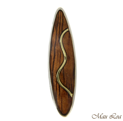 Koa Wood Hawaiian 2T Yellow Wave Surfboard Rhodium Silver Plated Brass Pendant